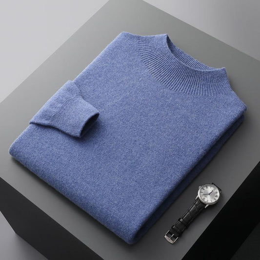 Men's Seamless Half Turtleneck Solid Color Pullover 100% Woolen Sweater