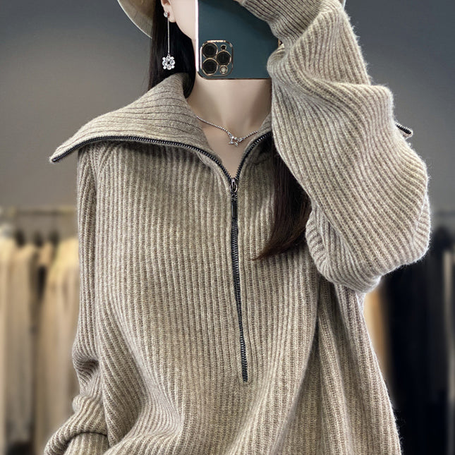 Wholesale Women's Autumn Winter Loose Lapel Half-Zip Wool Sweater