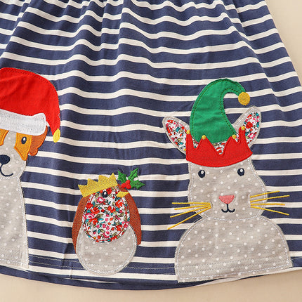 Wholesale Girls' Fall Cartoon Animal Patchwork Striped Dress