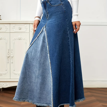 Wholesale Women's Frayed Color Block High Waist Washed Slit Raw Edge Denim Skirt