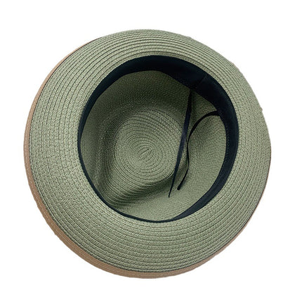 Men and Women Summer Olive Green Curly Bow Sun Protection Tricot Wide Brim Straw Hat 