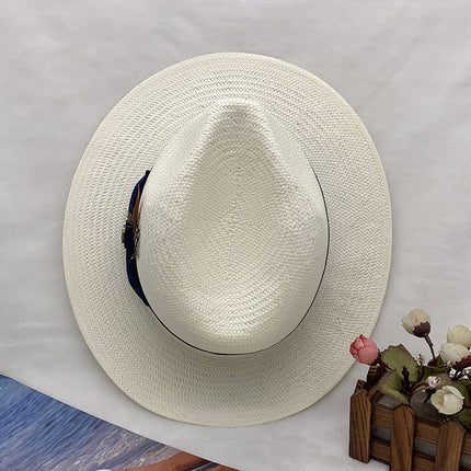 High-end Fine Hand-knitted Panama Straw Hat with Striped Bow and Flat Edge Jazz Straw Hat