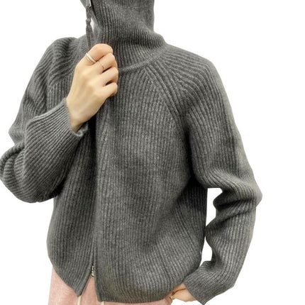 Wholesale Women's Lapel Loose Thickened Double Zipper Wool Sweater Jacket