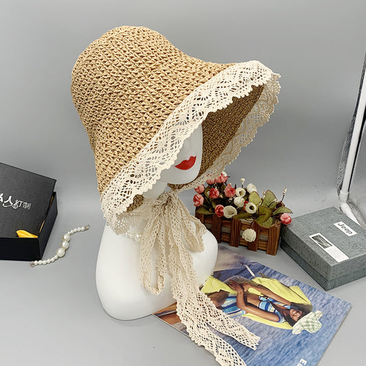 Women's Summer Sun Protection Dome Strap Short Brim Crochet Straw Hat Beach Hat 