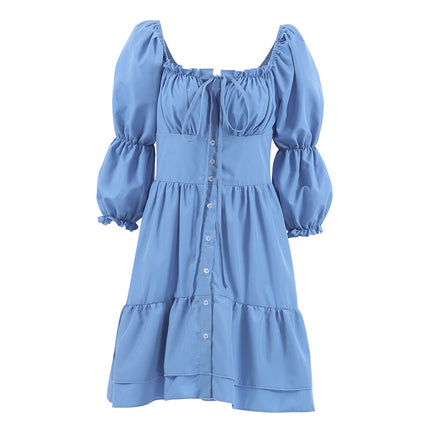Wholesale Women's Summer French Puff Sleeve Ruffled Strappy A-Line Dress