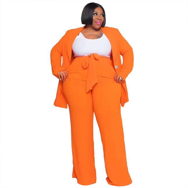 Plus Size Women's Professional Casual Long-sleeved Trousers Lace-up Two-piece Set