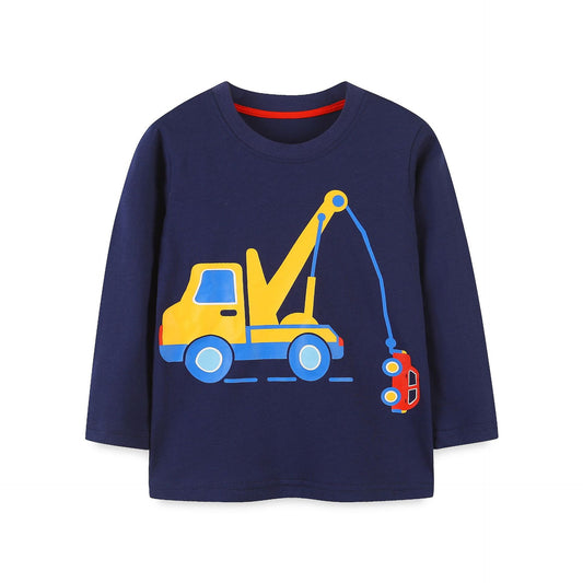Wholesale Spring Autumn Boys Excavator Print Pattern Long Sleeve T-Shirt Round Neck Pullover Top
