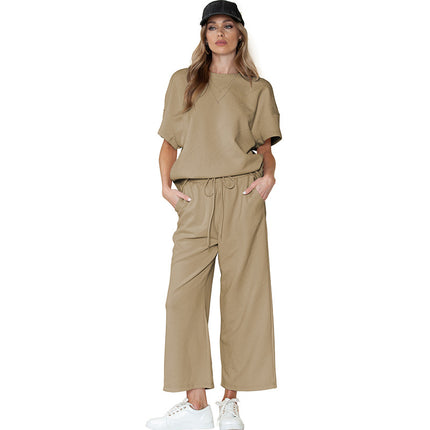 Wholesale Women's Summer Loose Texture Thin Top Drawstring Pants Two Piece Set
