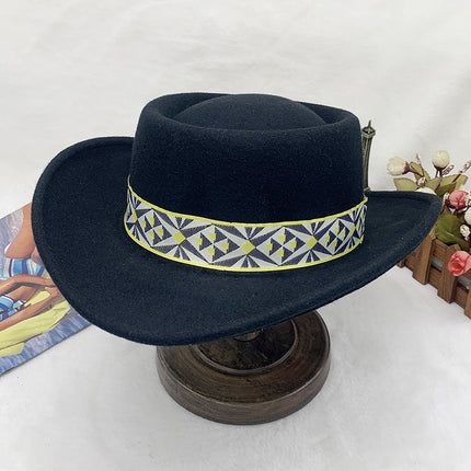 Ethnic Style Tibetan Woolen Felt Hat Jazz Hat Western Cocked Top Hat Cowboy Hat 