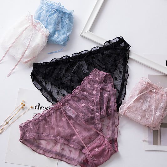 Wholesale Women's Star Mesh Cotton See-through Sexy Low-waist Bow Lace Panties