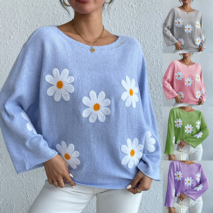 Wholesale Women's Fall Winter Bat Sleeves Embroidered Flowers Sweater