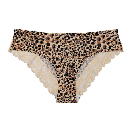 Wholesale Ladies Sexy Leopard Panties Women Ice Silk Traceless Breathable Low Waist Lace Stitching Briefs