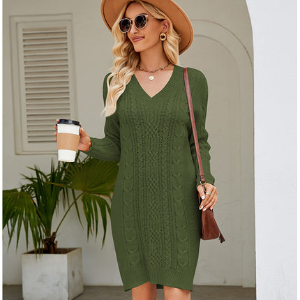 Wholesale Women's V-neck Cable Knit Solid Color Pullover Sweater Dress