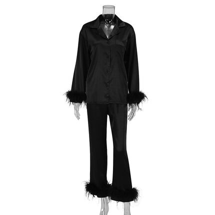Wholesale Women's Fall Winter French Casual Feather Long-sleeved Trousers Shirt Two Piece Set