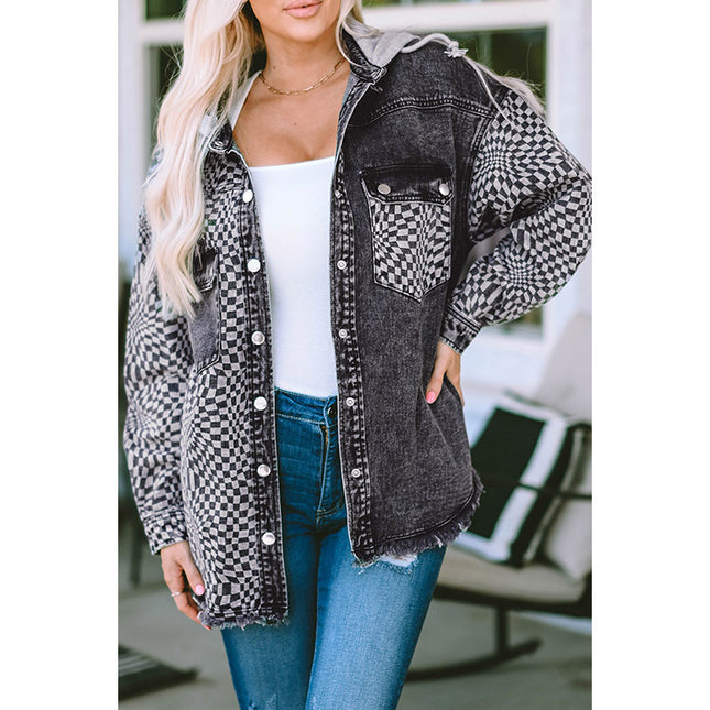 Wholesale Women's Autumn Winter Contrast Color Hooded Spliced Denim Jacket