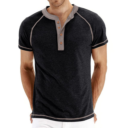 Men's Summer Short Sleeve Round Neck Henley T-Shirt Color Block Top