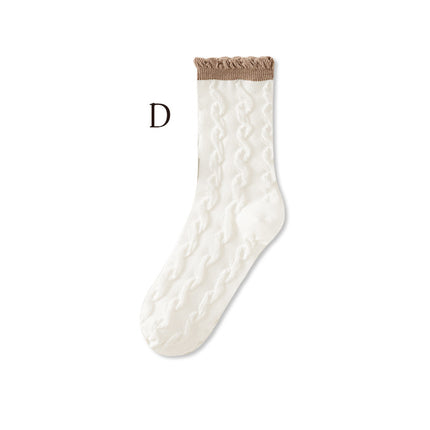 Women's Fall Winter Striped Cotton Pile Socks Plaid Smiley Mid-calf Socks 