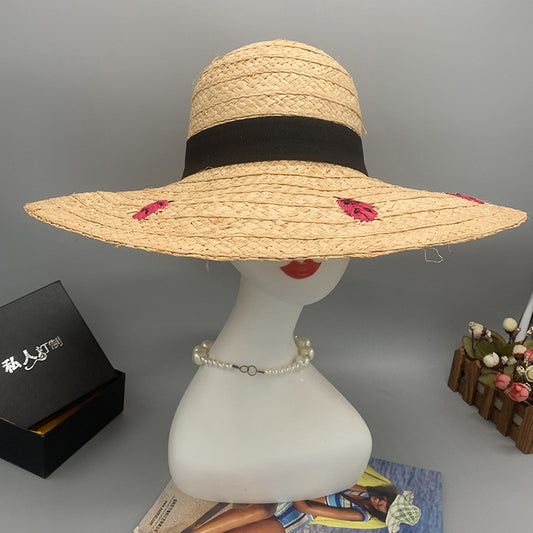 Wholesale Hand Embroidered Raffia Large Straw Hat Wide Brim Folding Sun Hat 