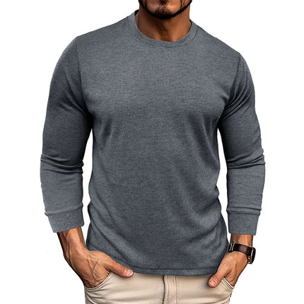 Men's Autumn Winter Waffle Loose Round Neck Long Sleeve T-Shirt