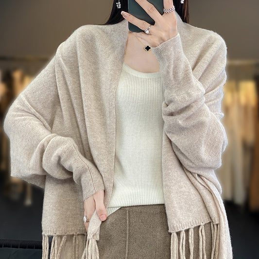 Wholesale Women's Soft Fringed Shawl Loose Cardigan Wool Sweater Coat