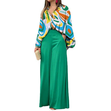 Wholesale Women's Summer Loose Large Size Casual Printed Shirt Top Wide Leg Pants Two-Piece Set