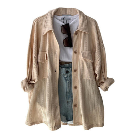 Wholesale Spring Loose Large Size Patch Pocket Lapel Long Sleeve Shirt Ladies Tops