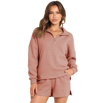 Women's Fall Casual Zippered Ribbed Slit Hoodies Shorts Two Piece Set