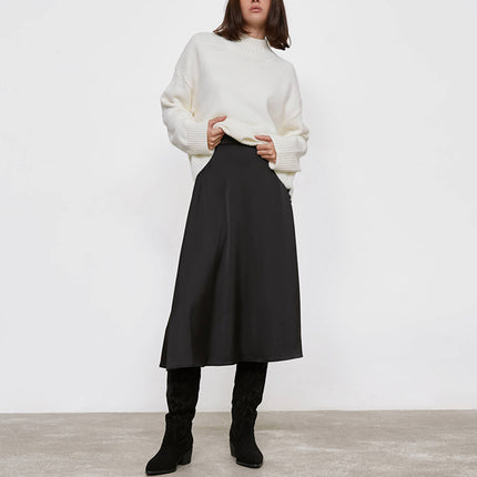 Wholesale Ladies Spring High Waist Slit A Line Skirt Mid Length Black Skirt