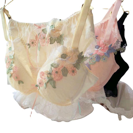 Wholesale Girls Sweet Deep V Thin Cup Flower Embroidered Bra Panty Set 