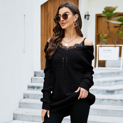 Wholesale Women's Lace Spliced Pullover V-neck Fake Two-piece Sweater