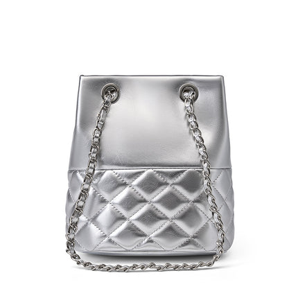 Women's Genuine Leather Diamond Chain Bucket Bag Premium Shoulder Crossbody Bag 