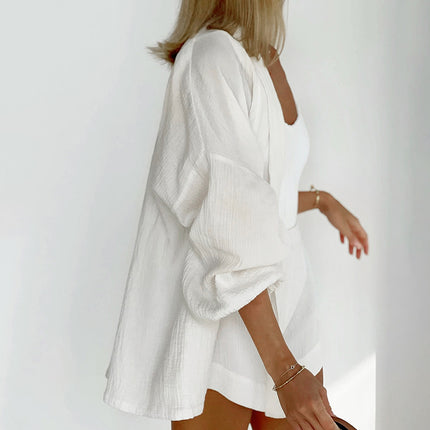Wholesale Women's Autumn Loose Casual Cotton Crepe Shirt White Shorts Two-Piece Set