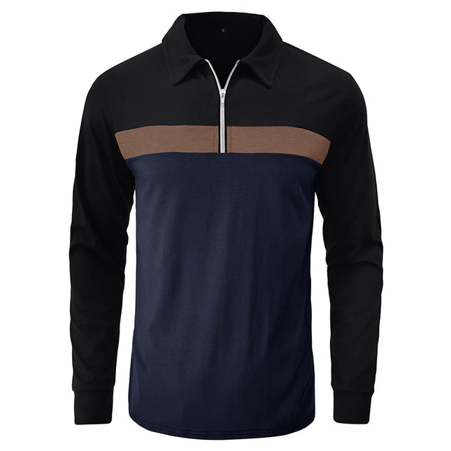 Men's Fall Winter Long Sleeve T-Shirt Lapel Color Block POLO Shirt