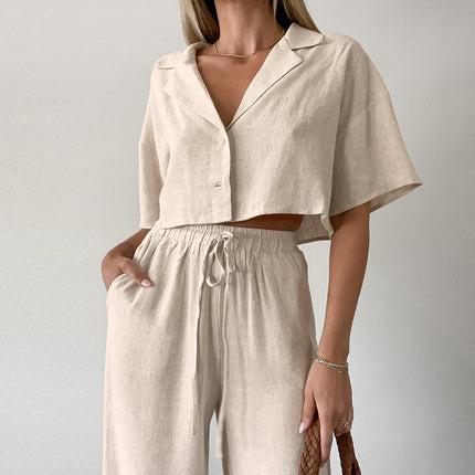 Wholesale Women's Autumn Loose Casual Crepe Cotton Linen Shirt With High Waist Wide Pants Two-piece Set