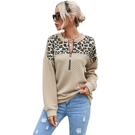 Wholesale Women's Winter Casual Zippered Leopard Spliced Drop Sleeve Hoodies