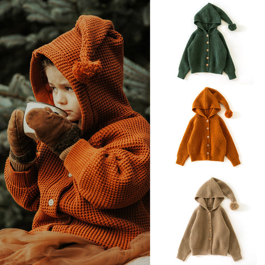 Wholesale Kids Hooded Knitted Sweater Warm Wool Pineapple Check Jacket