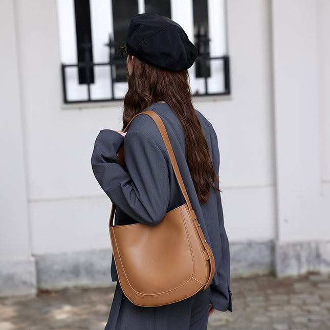 Women's Large Capacity Genuine Leather Bucket Bag Shoulder Crossbody Tote Bag 
