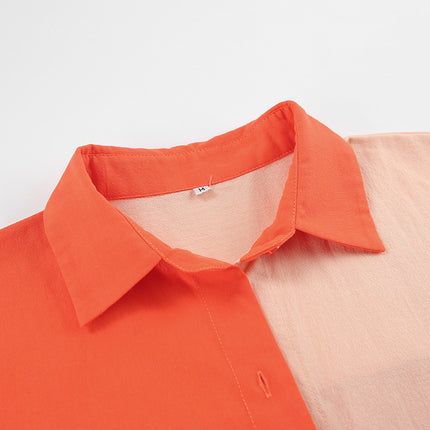 Wholesale Women's Autumn Loose Casual Long-sleeved Shirt Contrast Color Stitch Elastic Waist Shorts Two-piece Set