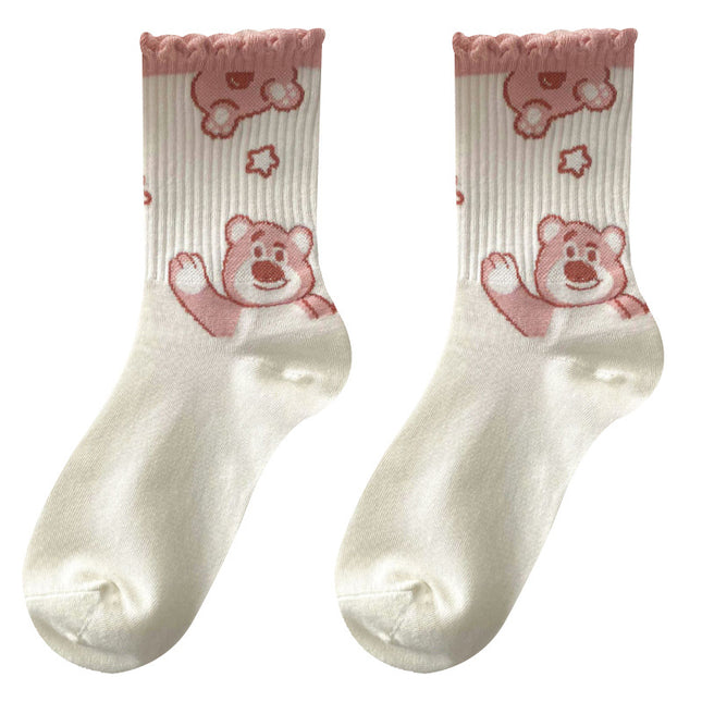 Wholesale Women's Spring Cotton Cute Cartoon Lace Mid-calf Socks