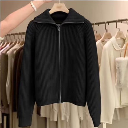 Wholesale Women's Lapel Loose Thickened Double Zipper Wool Sweater Jacket