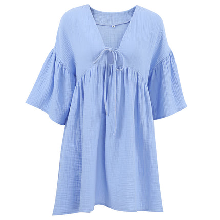 Wholesale Women's Summer V-Neck Lace-up Loose Casual Mini Dress