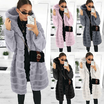 Wholesale Ladies Winter Faux Fur Mink Mid Length Hooded Coat