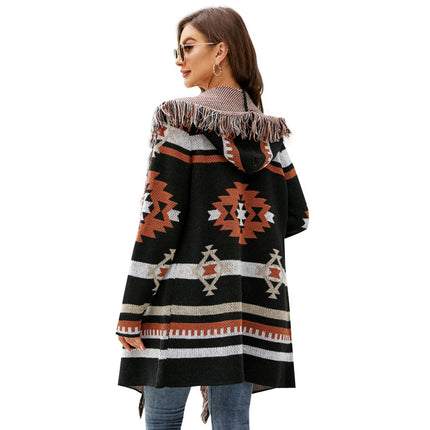 Wholesale Women's Fall Winter Tassel  Cardigan Hooded Long Sweater