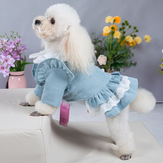 Wholesale Fall Winter Pet Skirt Corduroy Lace Dog Dress Puppy Thickened Cotton Coat