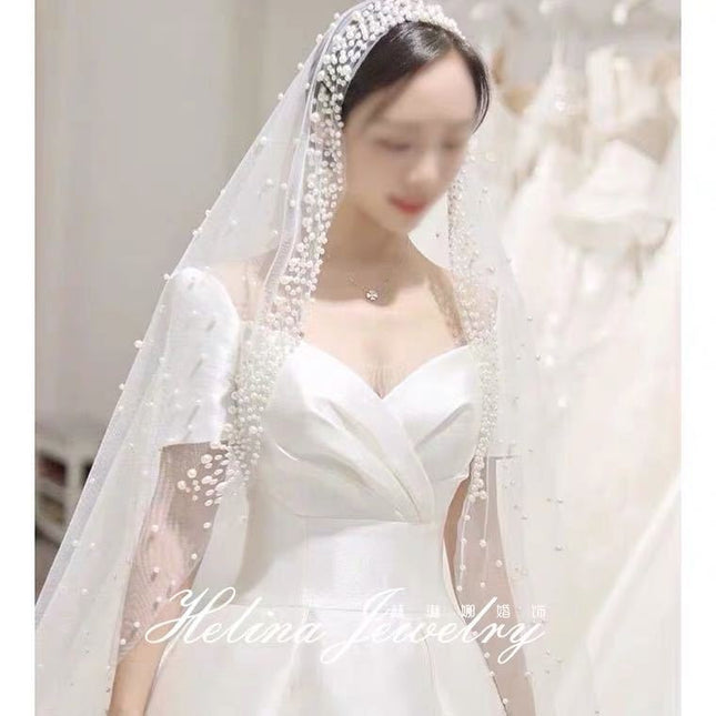 Bridal Retro Pearl Simple Wedding Long Veil