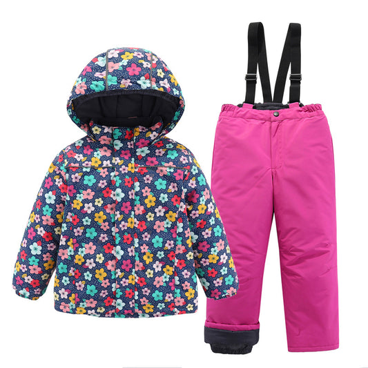 Wholesale Girls Winter Warm Sports Floral Thickened Ski Jacket Two Piece Set