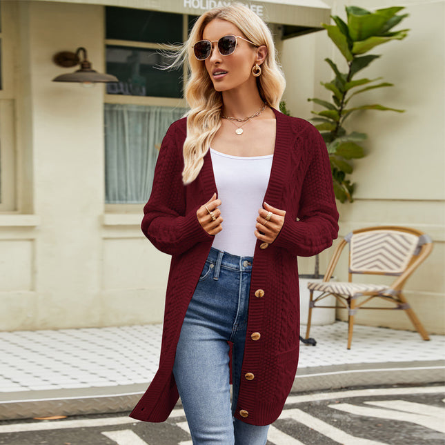 Wholesale Women's  Winter Solid Color V-neck Cardigan Long Cable Sweater Jacket