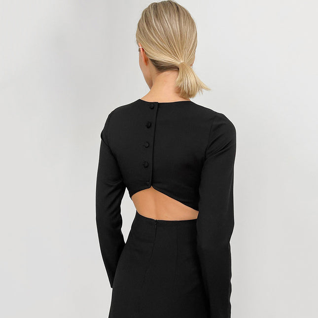 Wholesale Ladies Spring Summer French Style Black Dress Sexy Backless Slim Long Sleeves