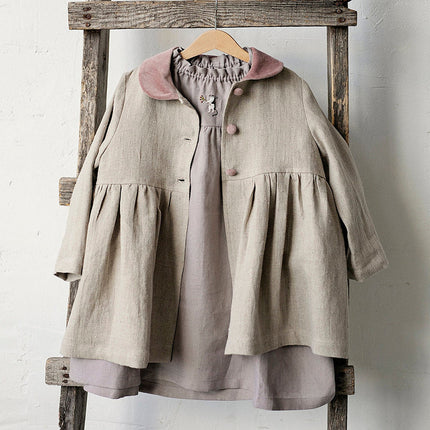 Wholesale Girls Autumn Linen Collar Ruffled Cardigan Mid-Length Contrast Color Jacket
