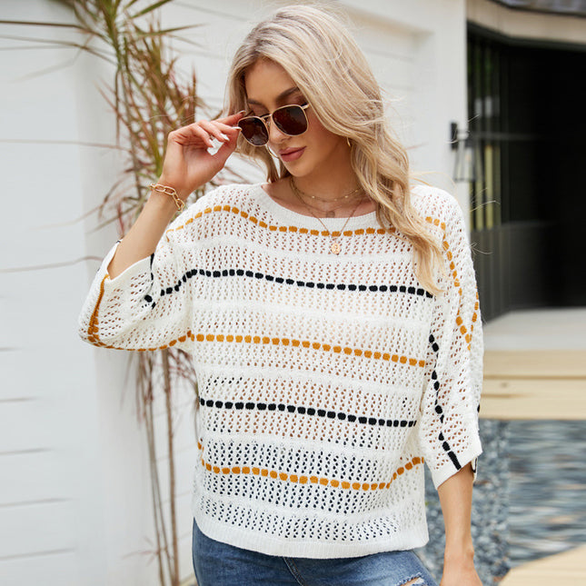 Wholesale Women's Loose Off Shoulder Hollow Striped Sweater